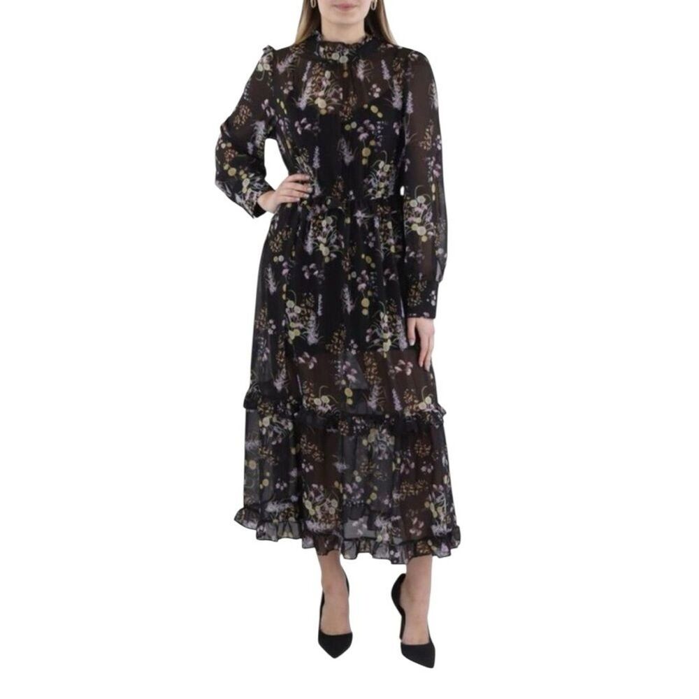 N by Nancy Black Floral Tiered Ruffle Midi Dress Sheer Romantic Boho Medium